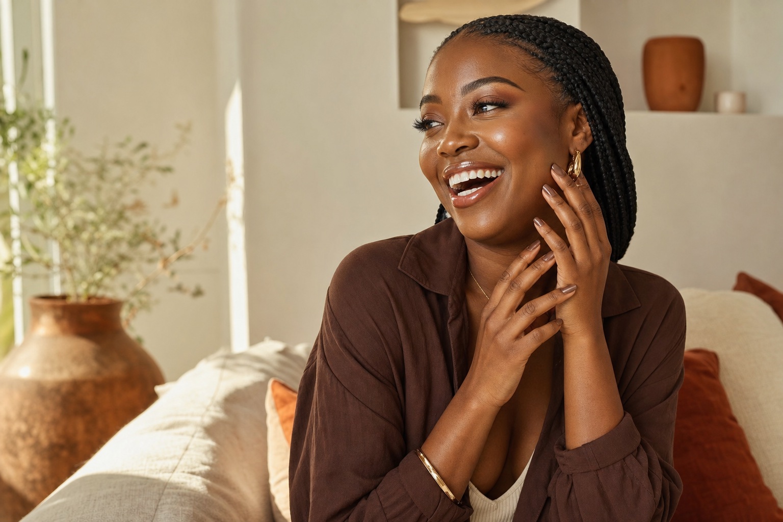 A joyful woman showing her beautiful braids and manicured nails