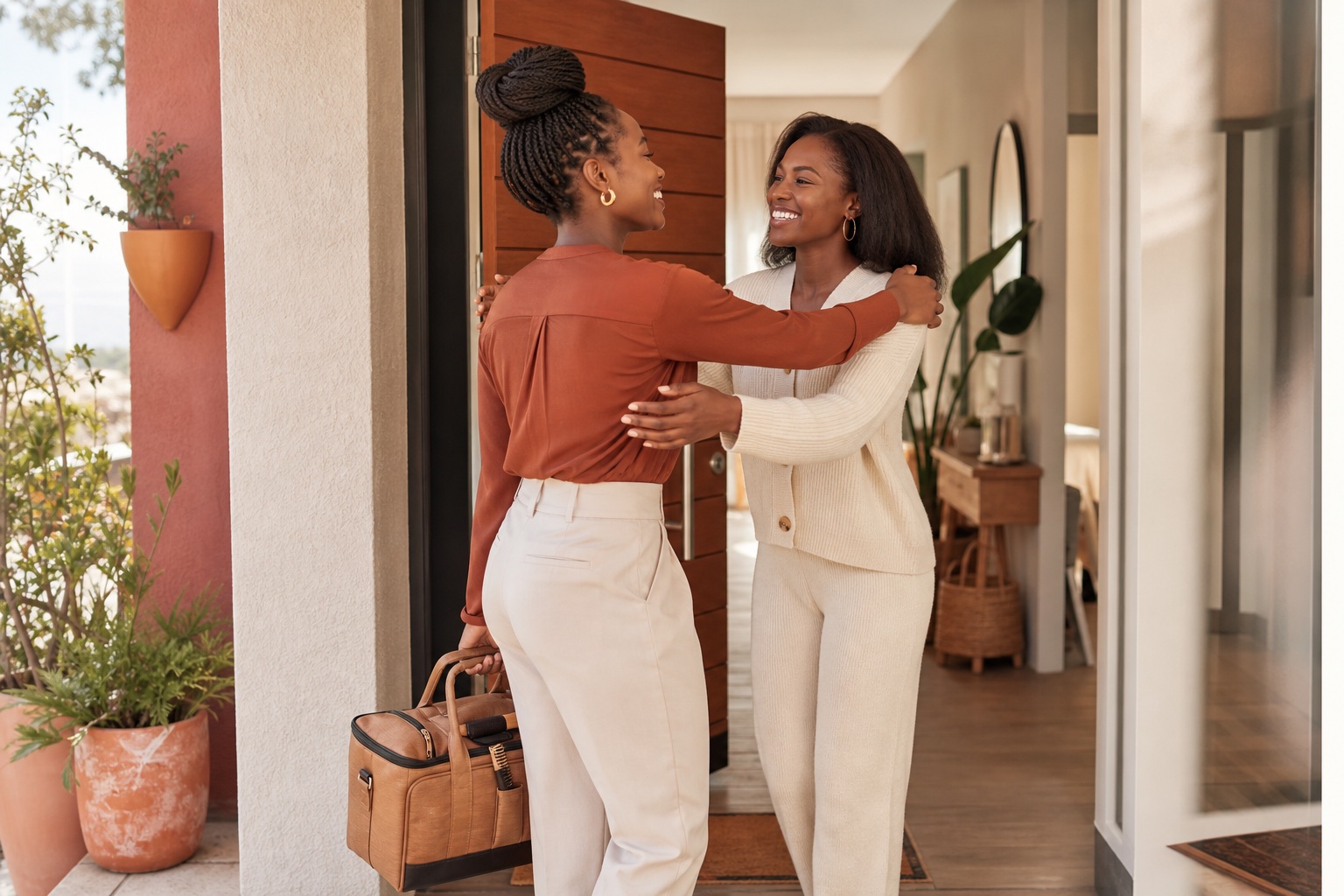 A mobile beauty professional warmly greeting her client at home