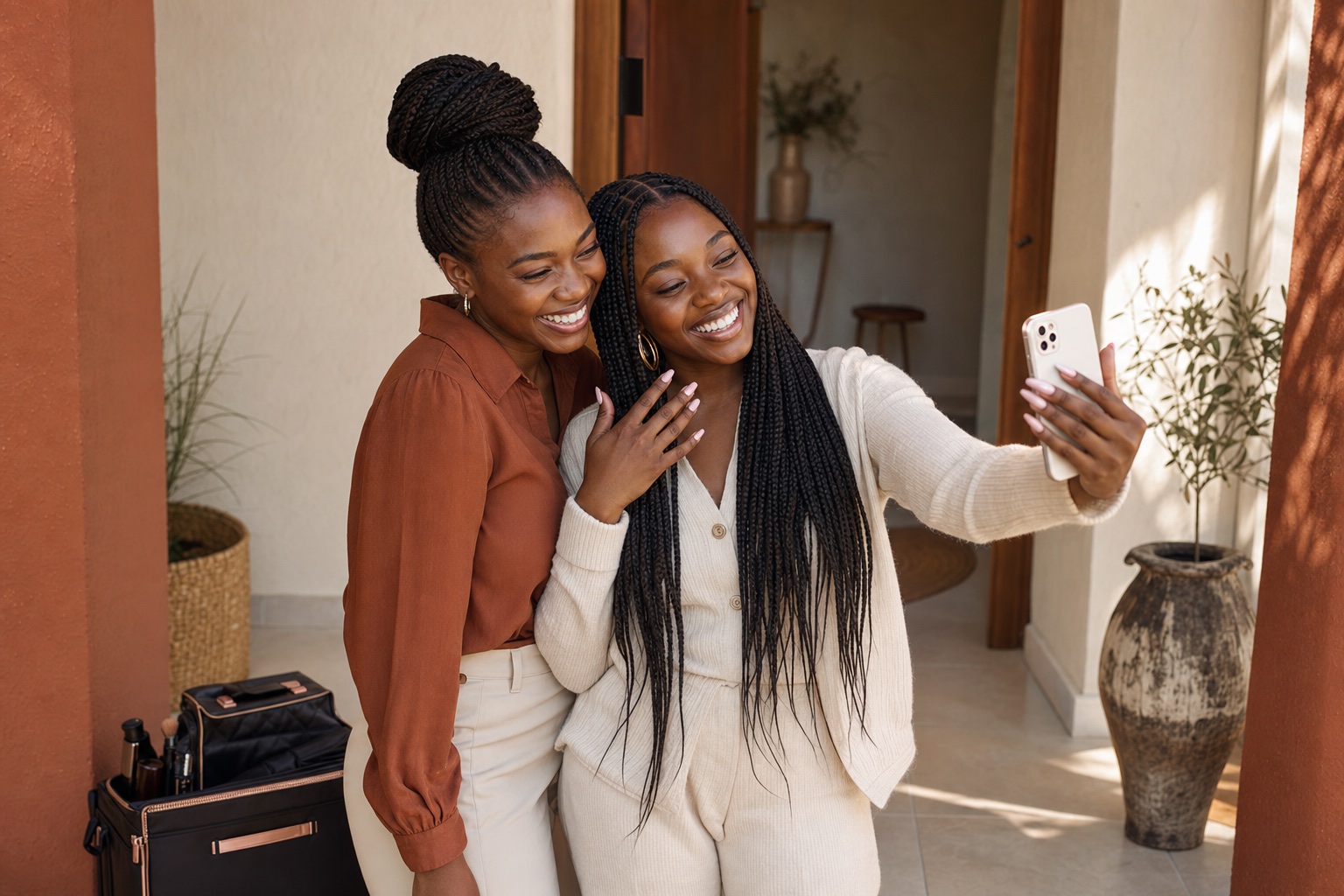 A happy client taking a selfie with her beauty professional after the appointment