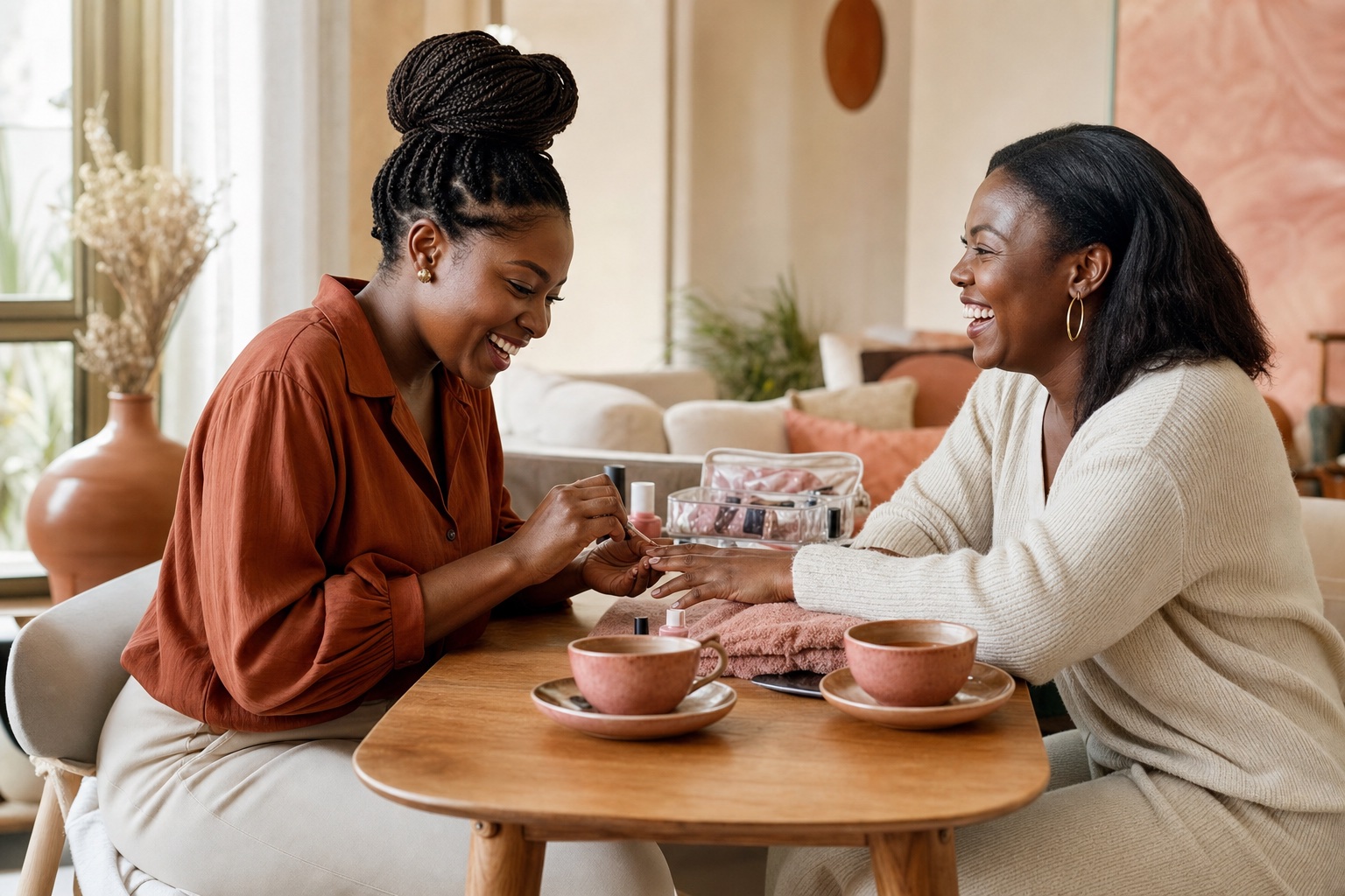 A client laughing over tea while having her nails done at home